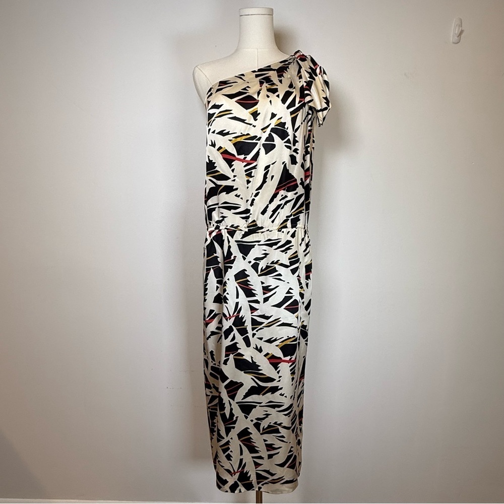 Vintage Oleg Cassini 100% Silk One Shoulder Abstract Column Dress Women’s Size 6